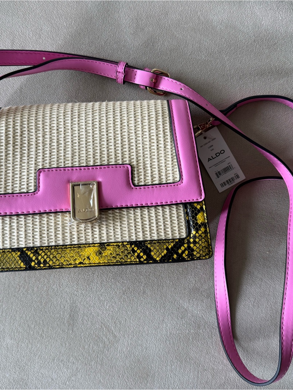 NWT- ALDO Pink Trim Straw Crossbody with Yellow Snake Accent